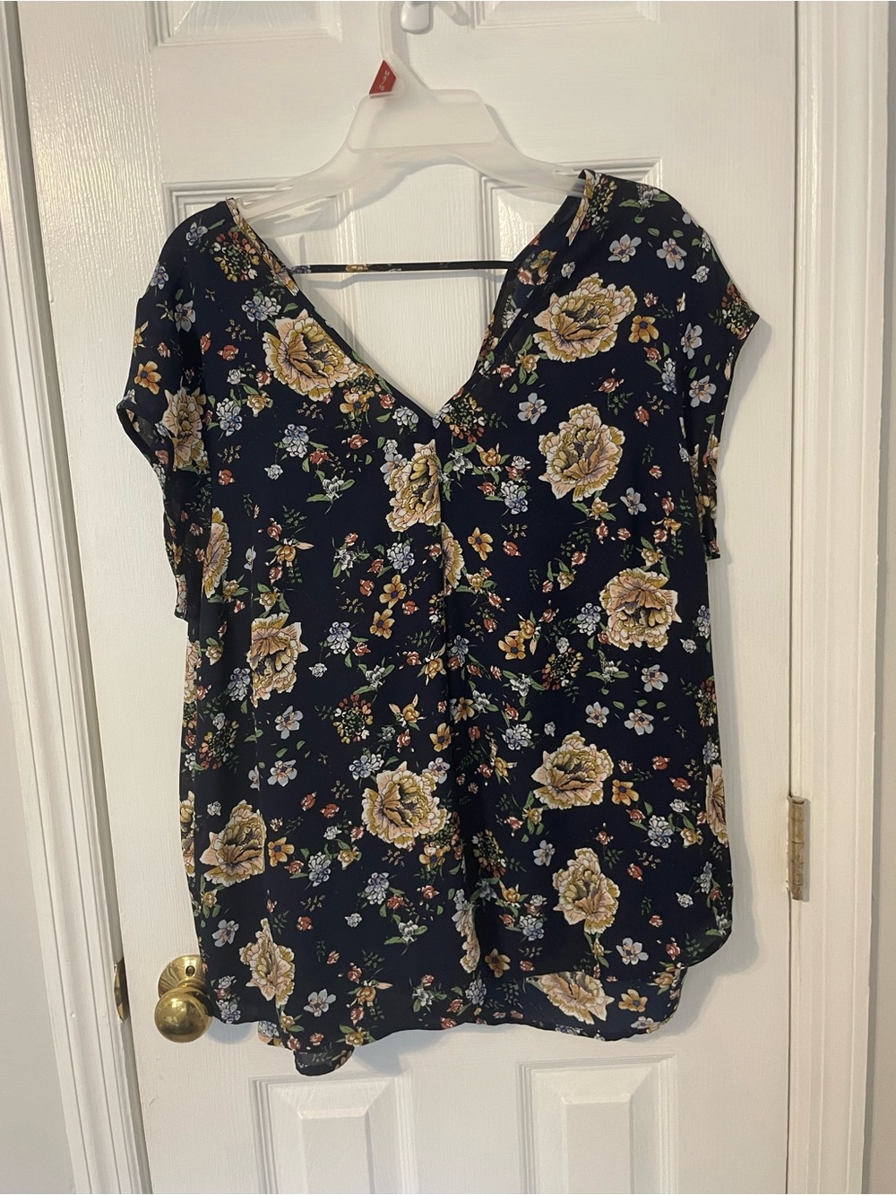 Halogen Navy Floral V-Neck Short Sleeve Blouse